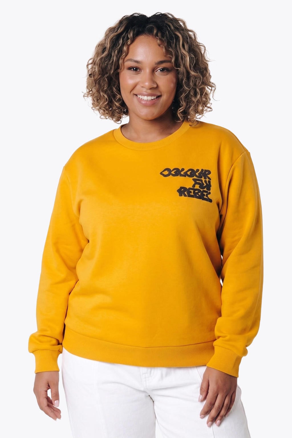 Oranje dames Colourful Rebel Curve sweater van katoen met tekst print, lange mouwen en ronde hals