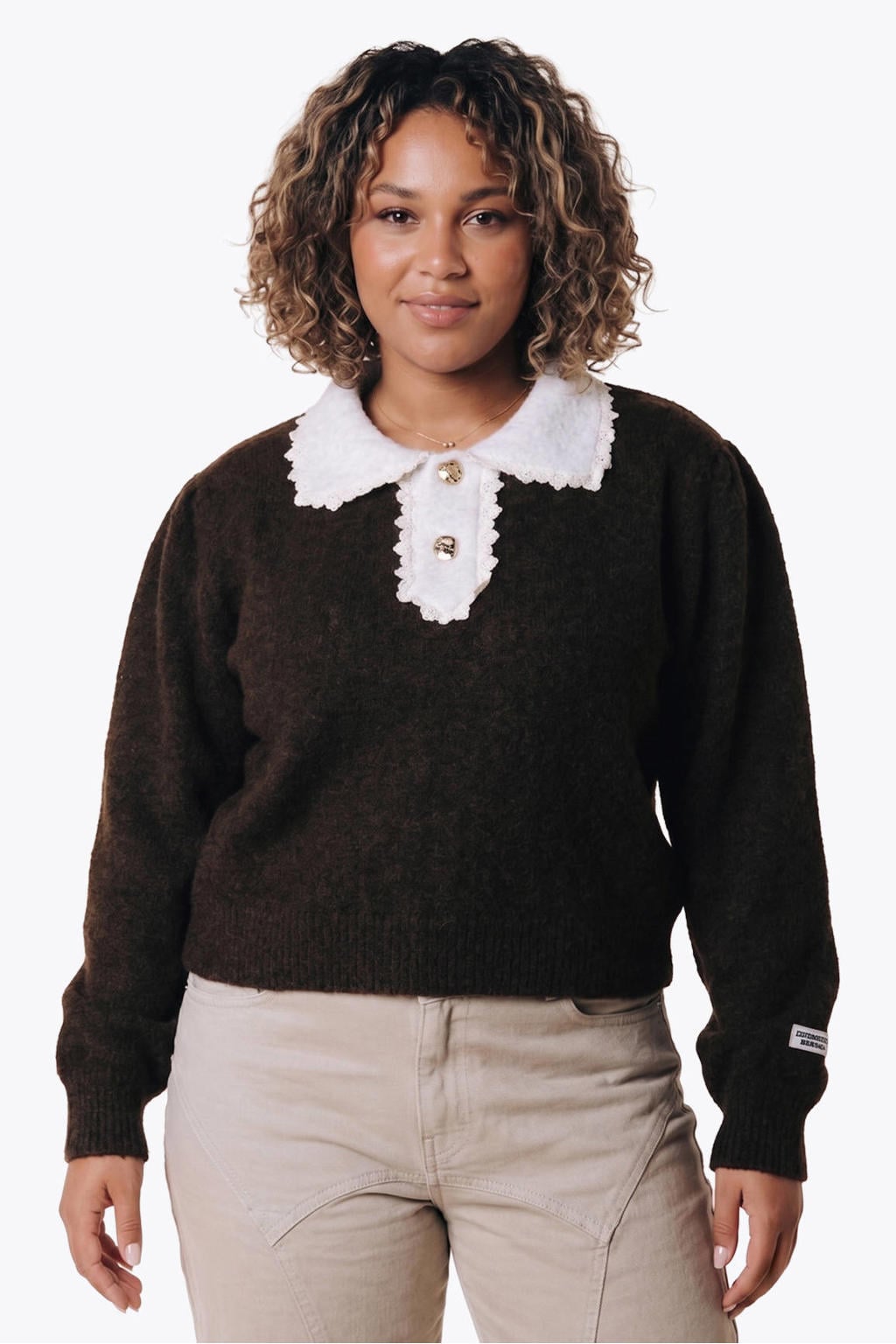 Colourful Rebel Curve Plus Size gebreide trui met wol - donkerbruin