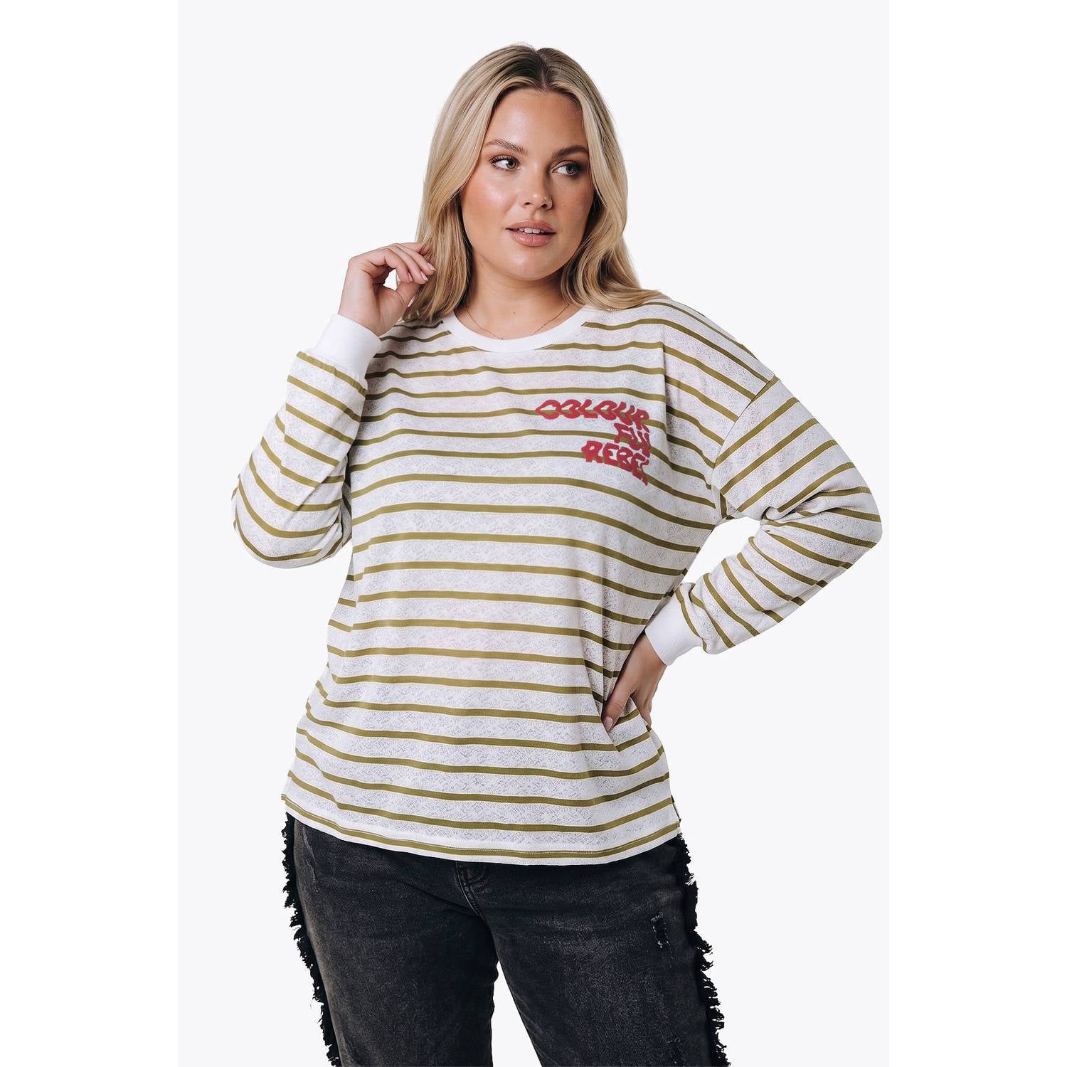 Colourful Rebel Curve kanten gestreepte top met tekst wit groen