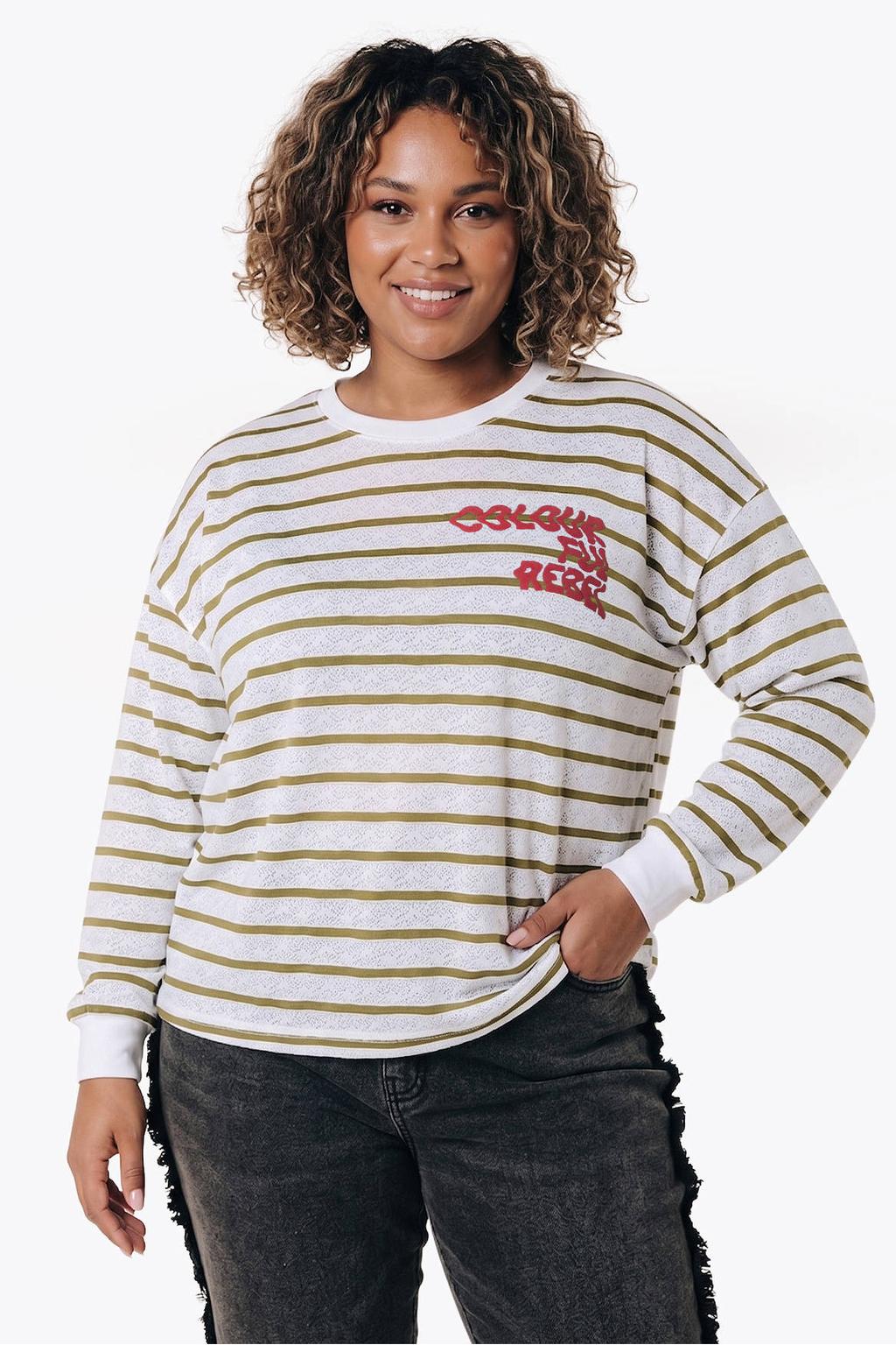 Multi, wit en groene dames Colourful Rebel Curve kanten gestreepte top met lange mouwen en ronde hals