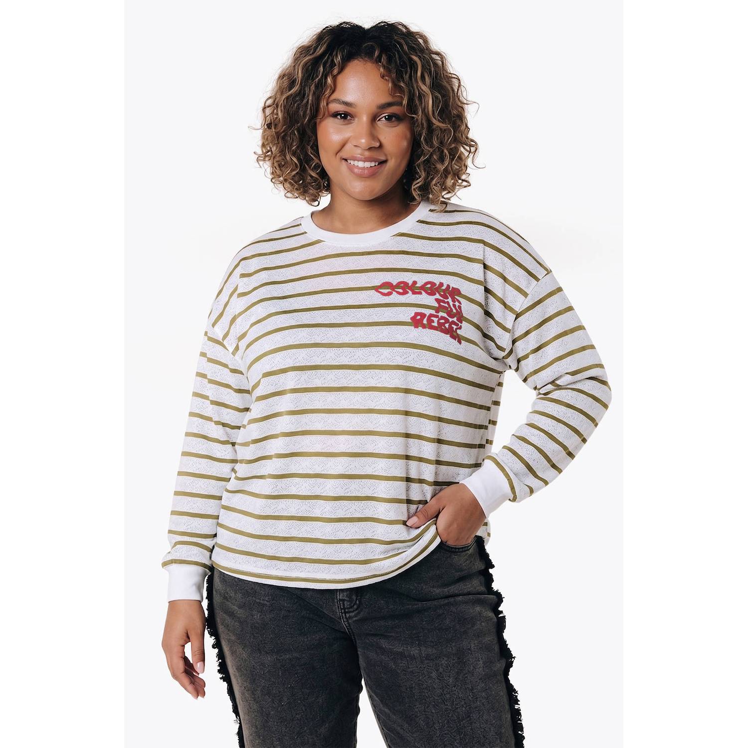 Colourful Rebel Curve kanten gestreepte top met tekst wit groen