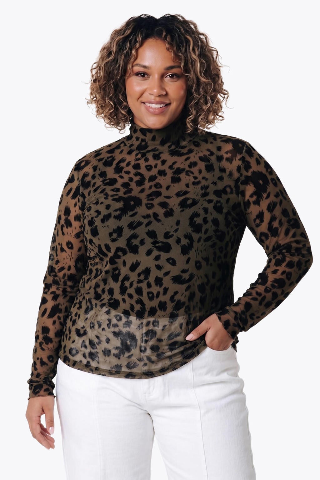 Lichtbruine dames Colourful Rebel Curve top Plus Size van mesh met dierenprint en lange mouwen