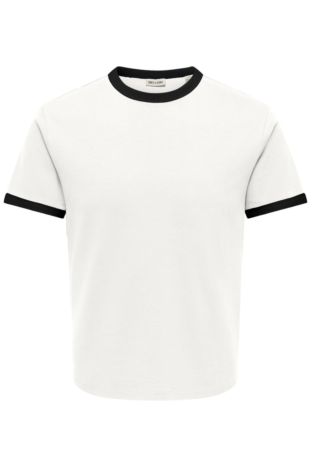 Witte heren ONLY & SONS regular fit T-shirt cloud dancer van katoen met effen, korte mouwen, ronde hals en contrast bies