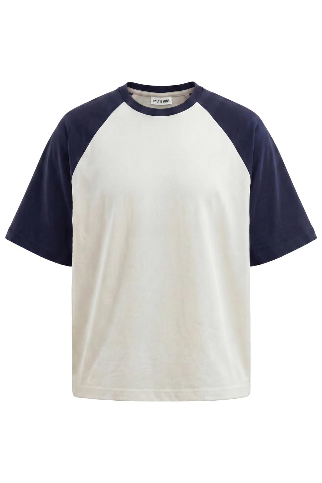 Witte heren ONLY & SONS relaxed fit T-shirt cloud dancer dark navy van katoen met meerkleurige print, korte mouwen en ronde hals