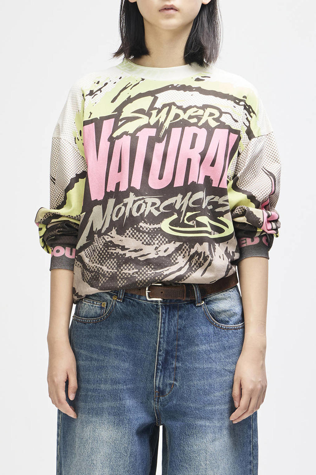 Ecru, roze en groene dames Deus Ex Machina T-shirt van jersey met backprint, lange mouwen en ronde hals