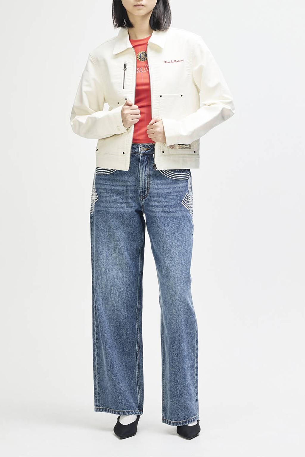 Witte dames Deus Ex Machina spijkerjas van denim met effen, lange mouwen, klassieke kraag, ritssluiting en borduursels