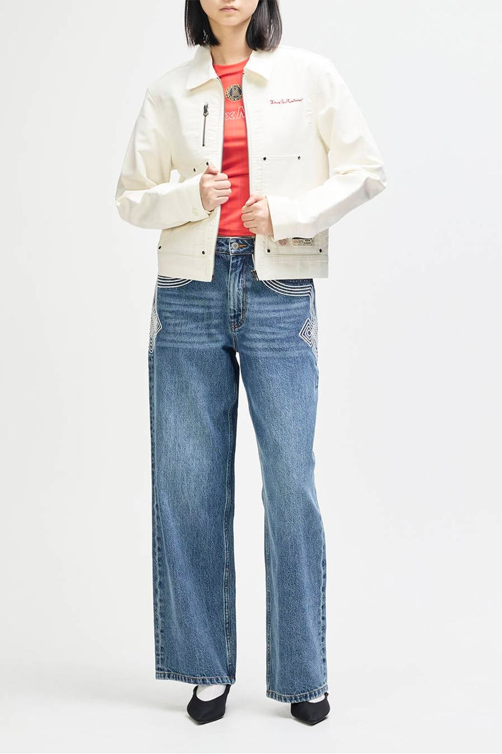 Witte dames Deus Ex Machina spijkerjas van denim met effen, lange mouwen, klassieke kraag, ritssluiting en borduursels