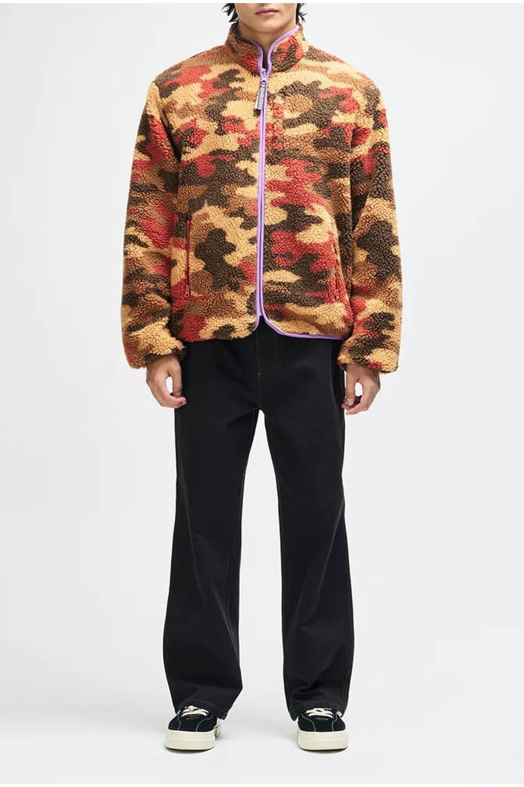 Multikleurige dames Deus Ex Machina teddy camouflage jas meerkleurig van polyester met lange mouwen, opstaande kraag en ritssluiting