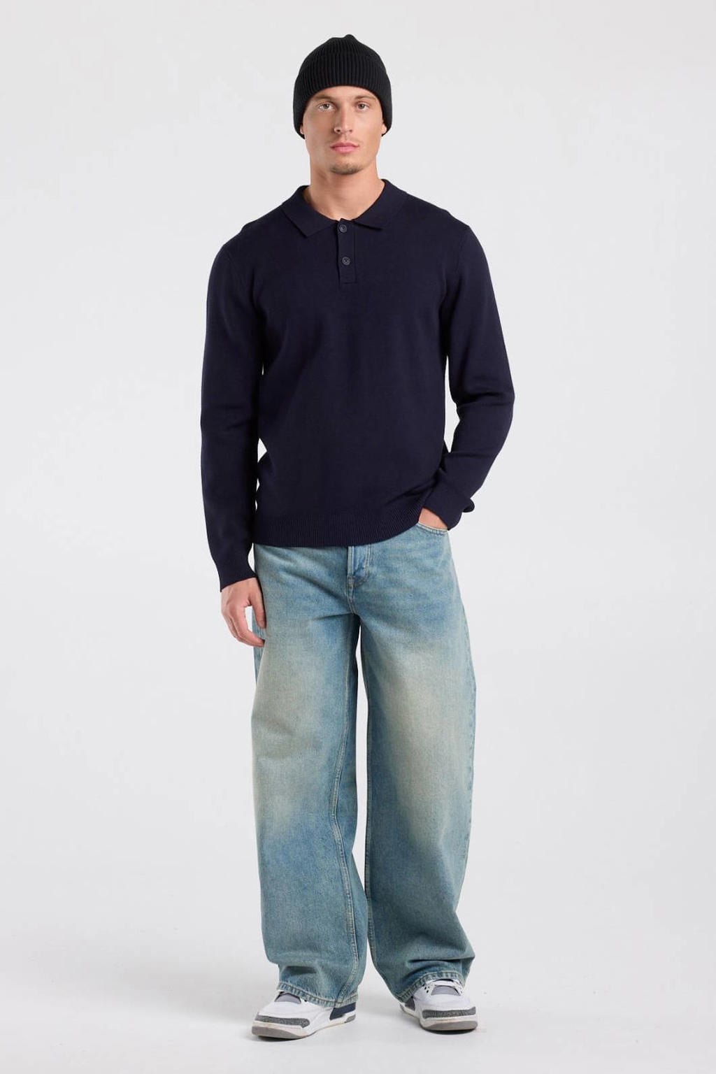 Donkerblauwe heren America Today regular fit polo van viscose met effen, lange mouwen en geribde boorden