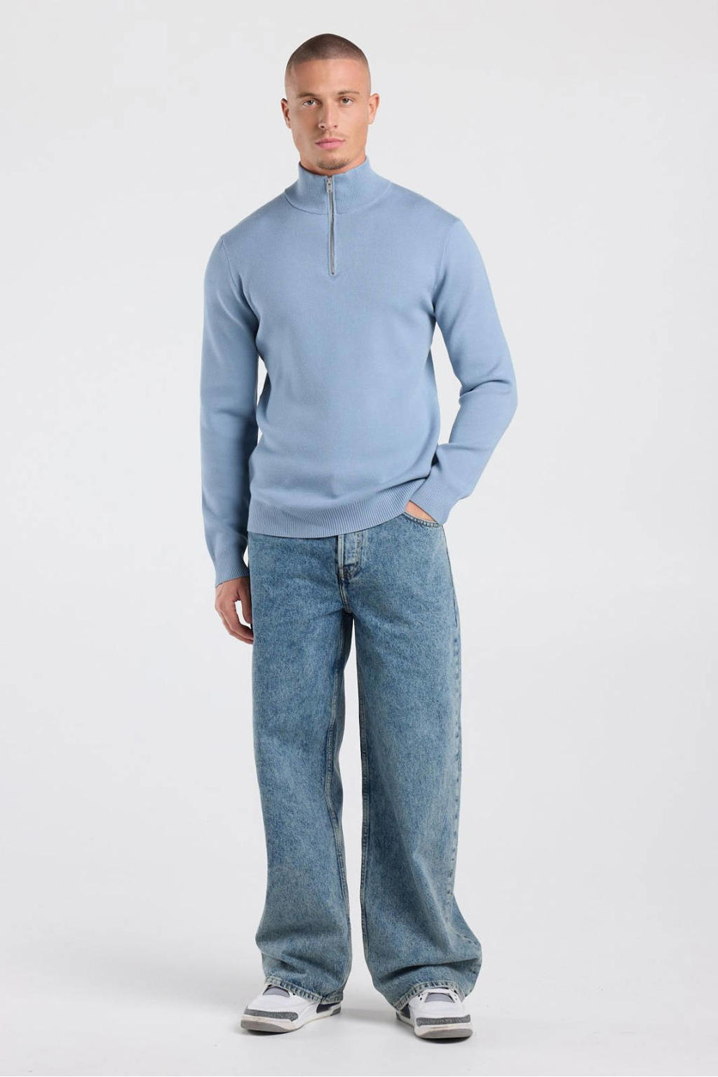 Blauwe heren America Today regular fit gebreide trui van viscose met effen, lange mouwen en opstaande kraag