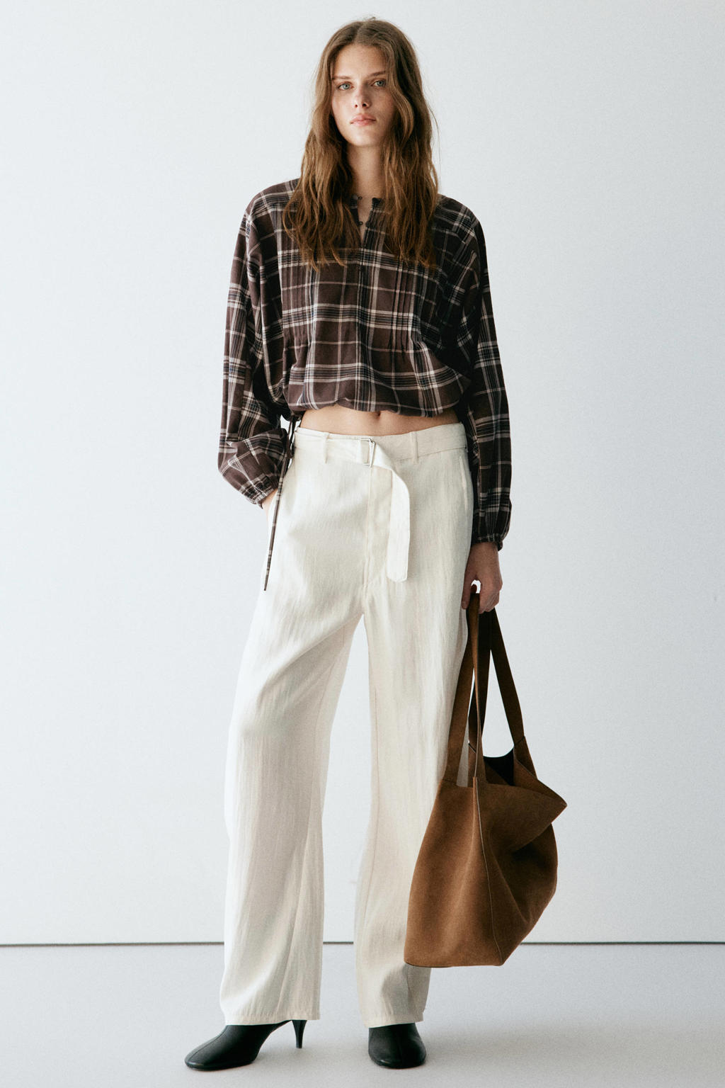 Mango geruite blousetop - bruin/ecru