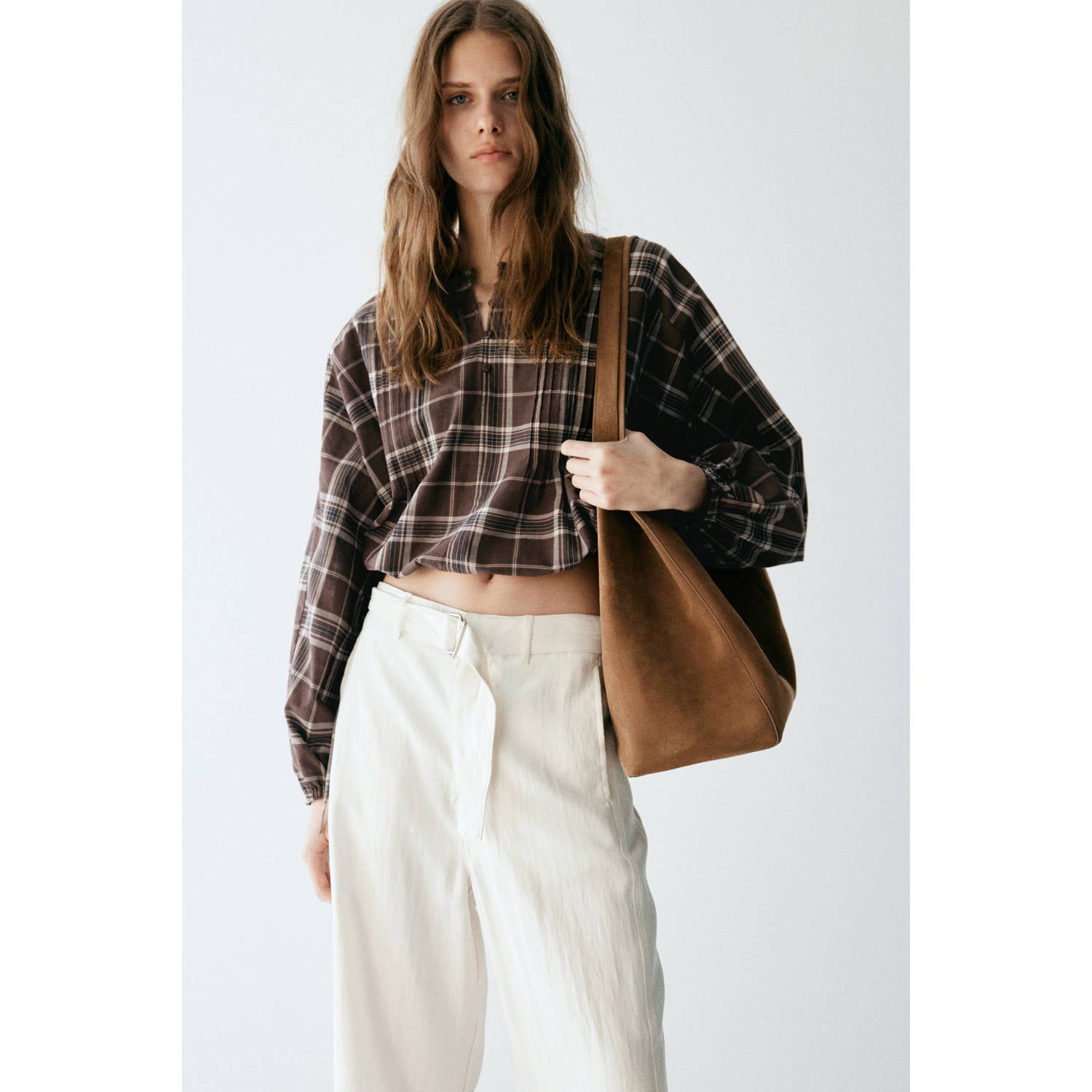 Mango geruite blousetop bruin ecru