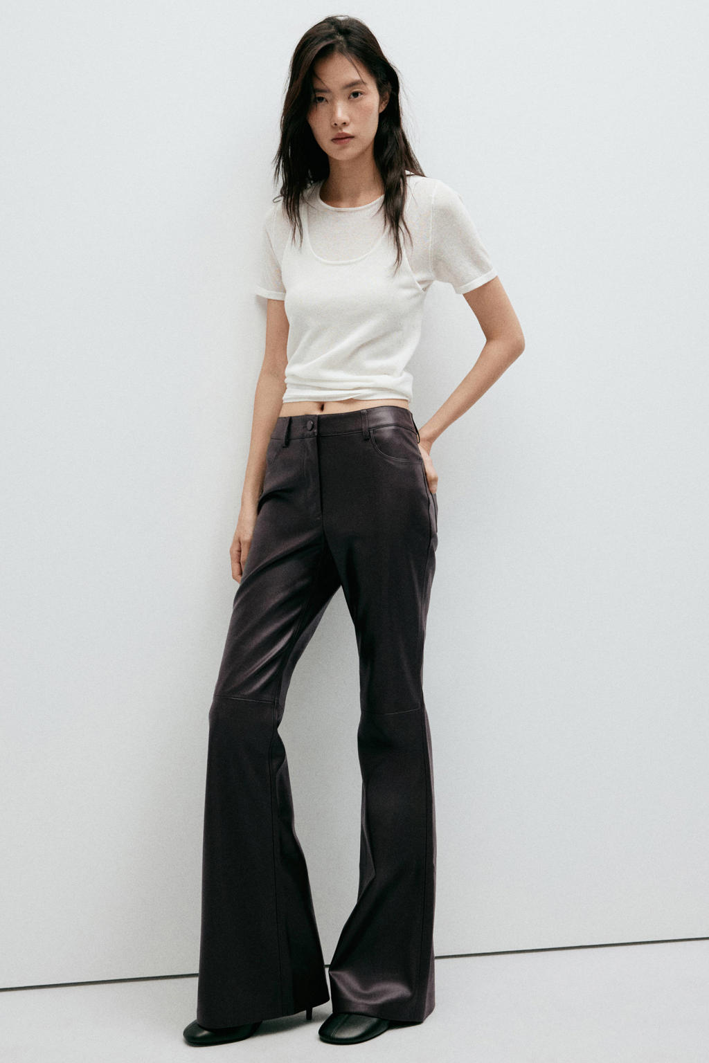 Mango imitatieleren flared broek - bruin