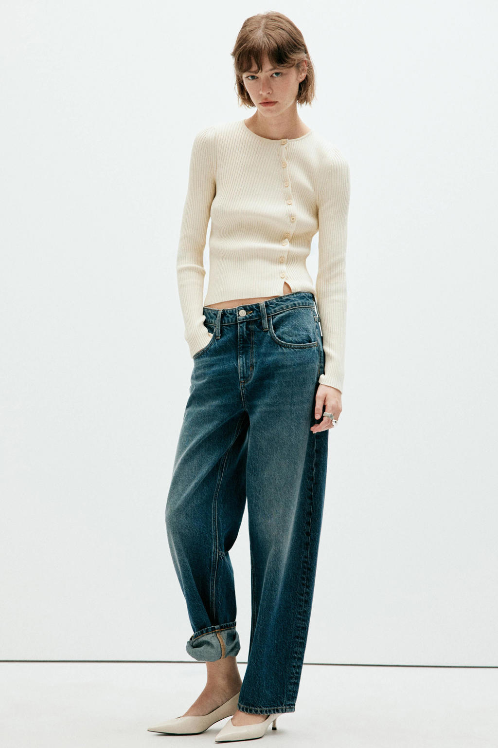 Ecru dames Mango top van viscose met effen, lange mouwen en ronde hals