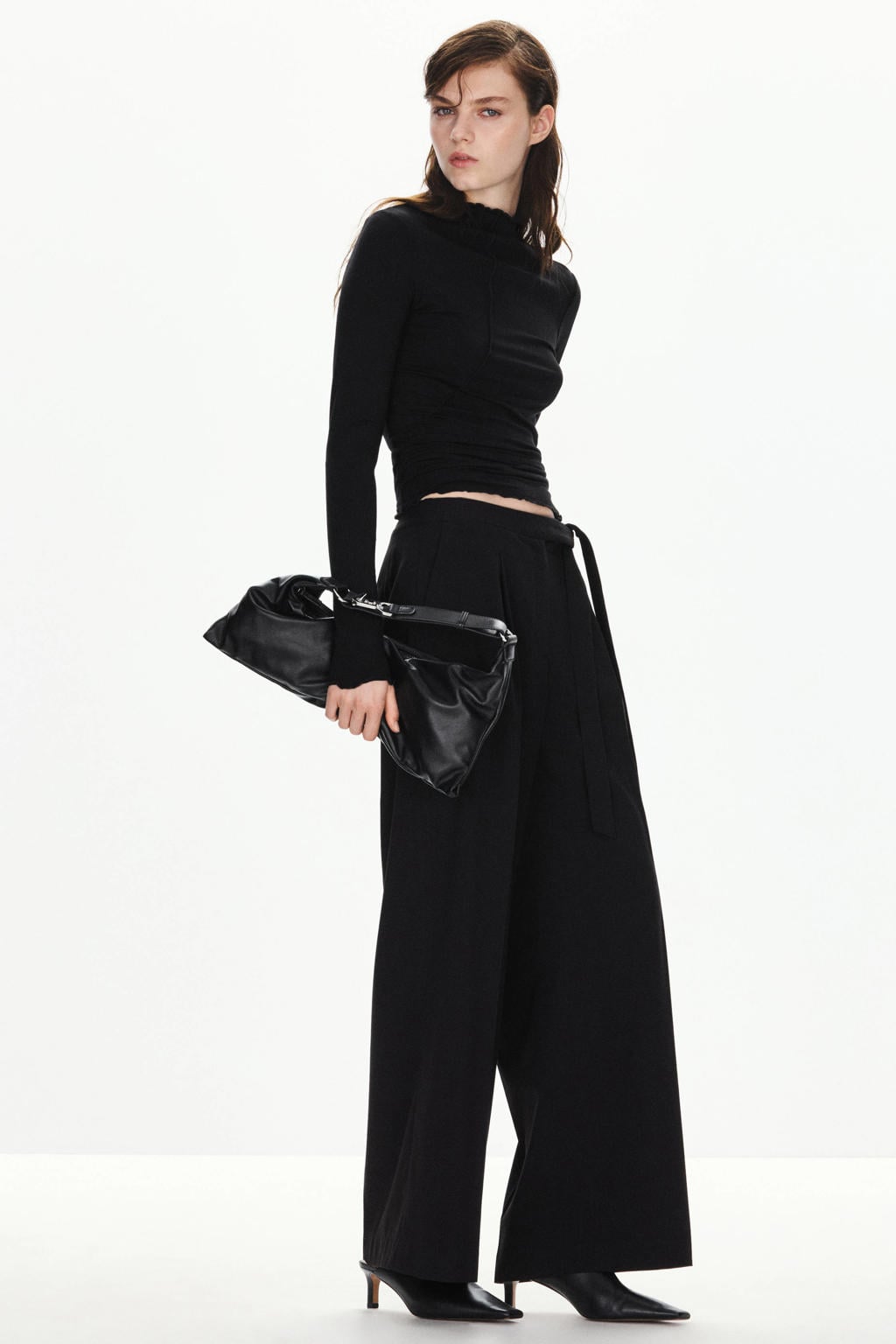Mango wide leg broek met ceintuur - zwart