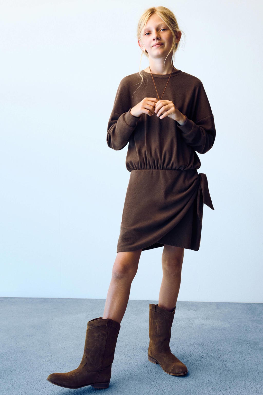 Bruine meisjes Mango Kids korte sweatjurk van polyester met effen, lange mouwen en ronde hals