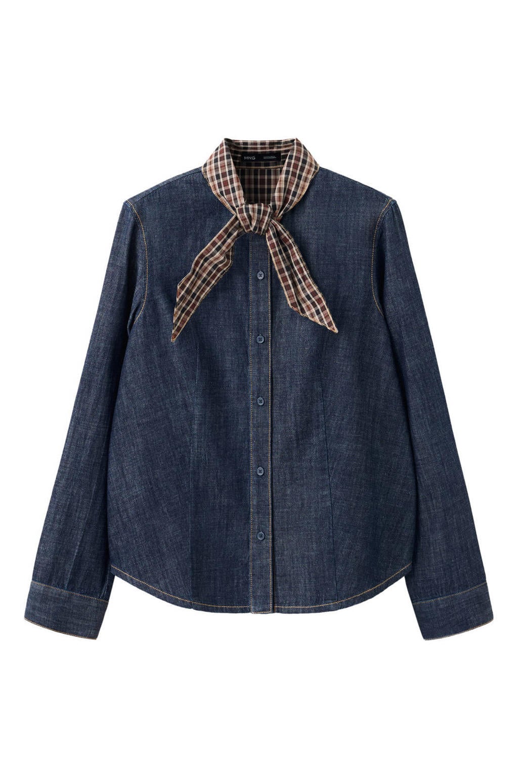 Dark blue denim dames Mango blouse van denim met effen, lange mouwen, sjaalkraag en knoopsluiting