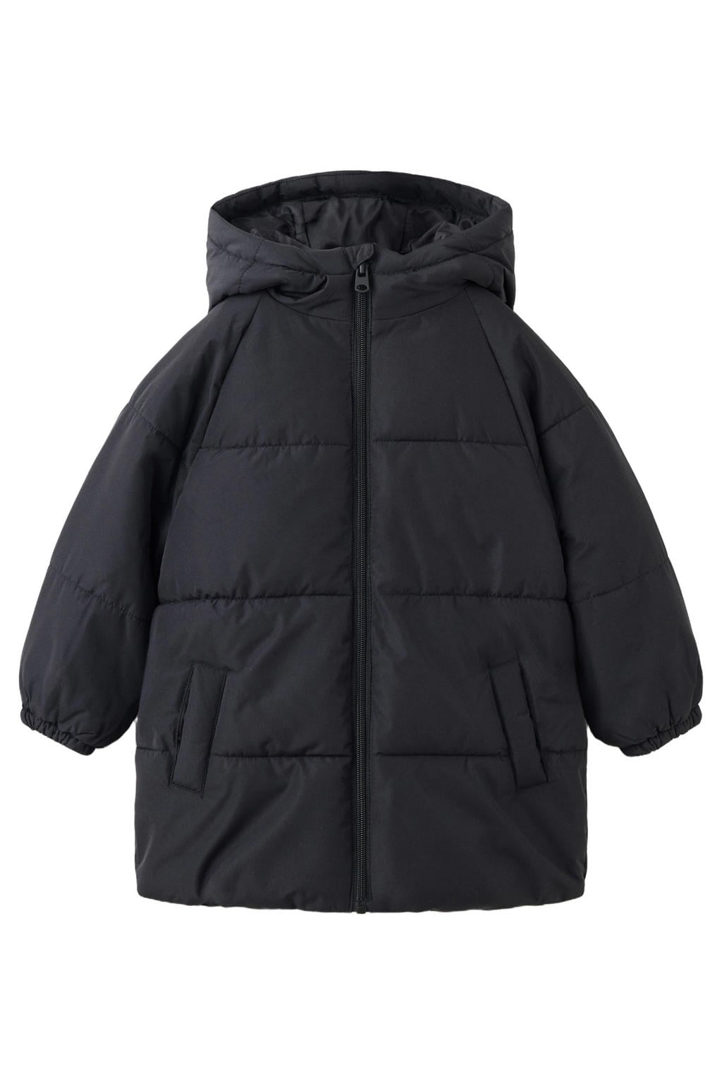 Zwarte jongens Mango Kids winterjas van polyester met effen, lange mouwen, capuchon en ritssluiting
