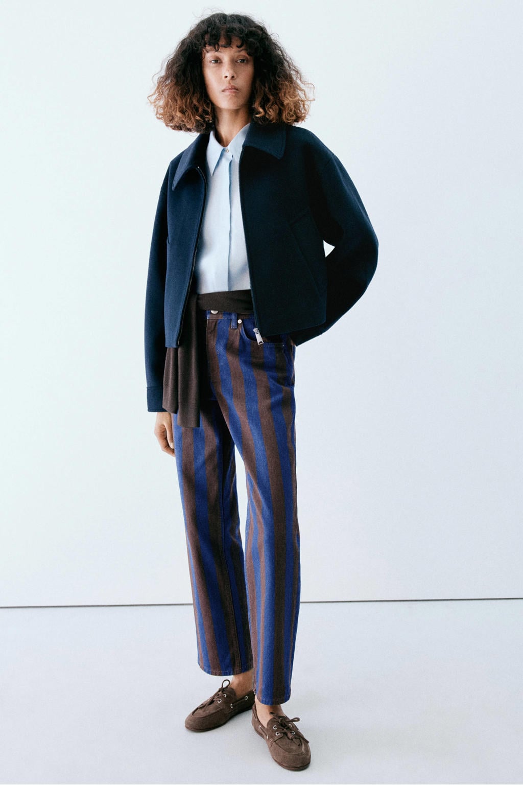 Blauw en bruine dames Mango gestreepte straight leg jeans van denim met rits- en knoopsluiting
