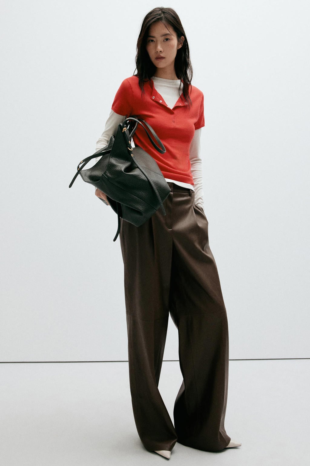 Bruine dames Mango imitatieleren wide leg broek met rits, haak- en knoopsluiting