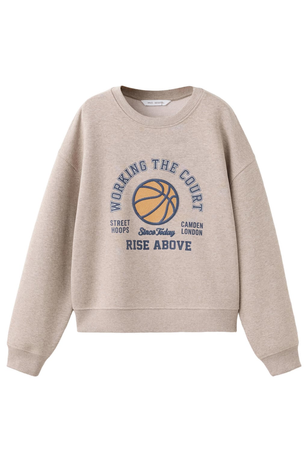 Lichtbruine jongens Mango Kids sweater met printopdruk, lange mouwen, ronde hals en geribde boorden