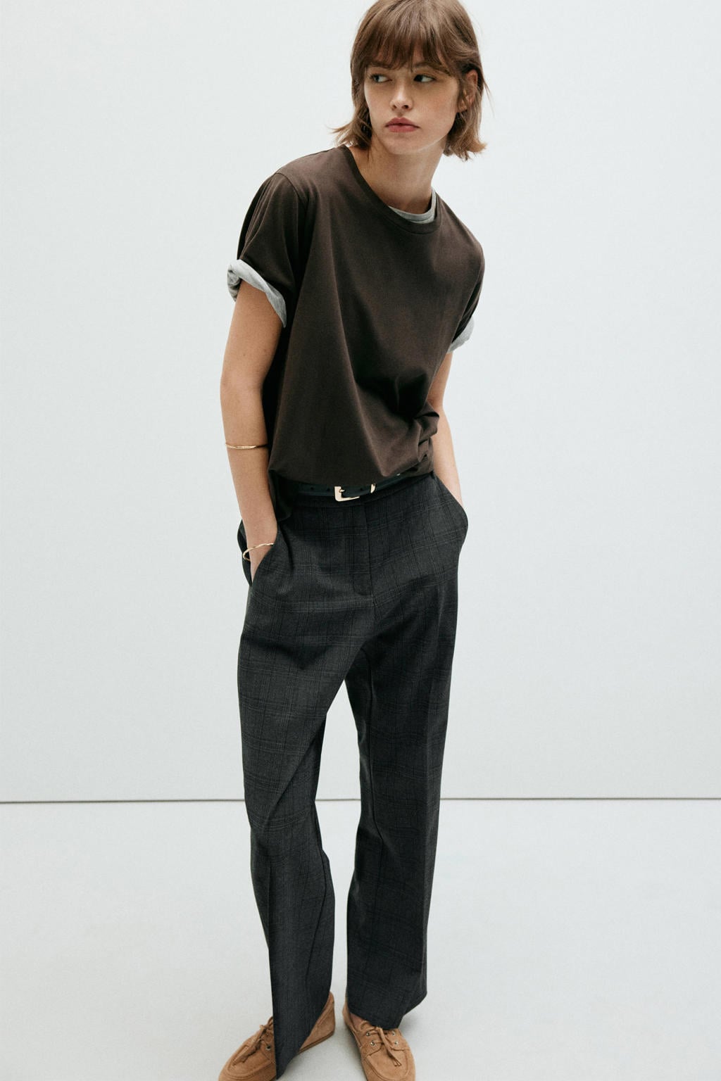 Mango wide leg geruite broek - grijs
