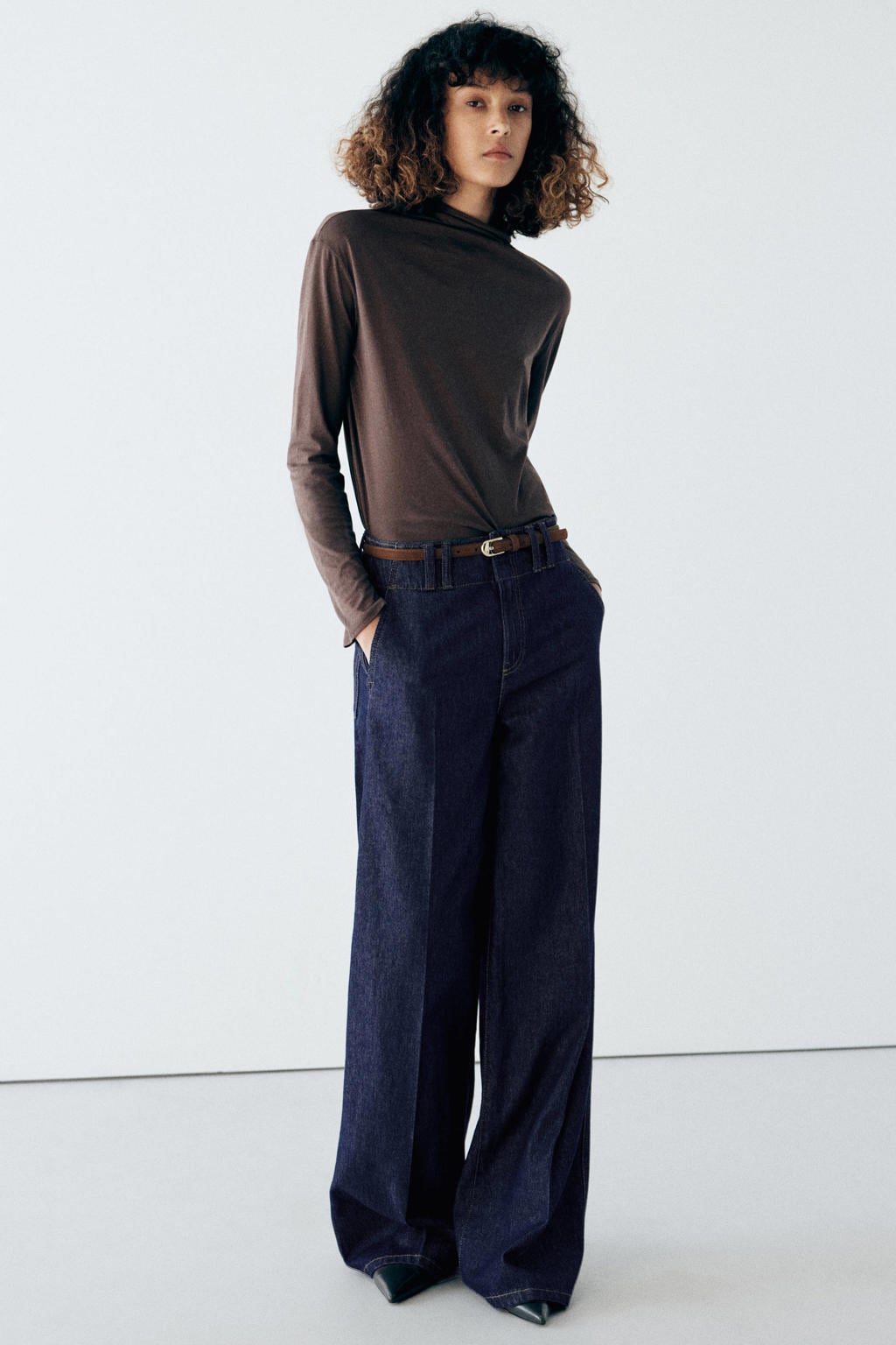 Dark blue denim dames Mango wide leg jeans van denim met effen