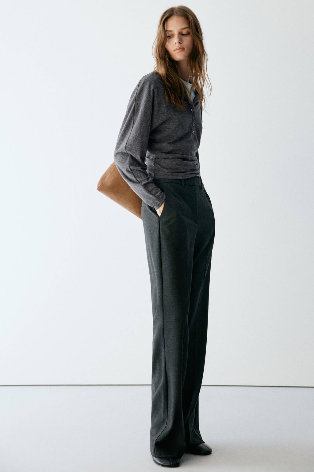 Grijze dames Mango top van polyester met effen, lange mouwen en ronde hals