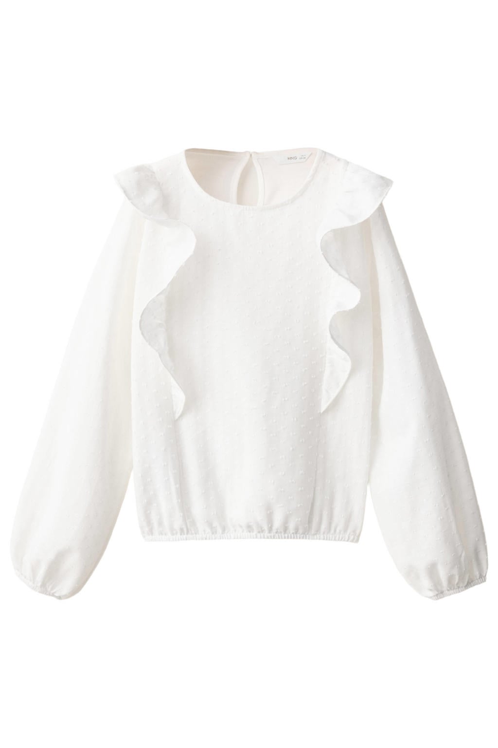 Witte meisjes Mango Kids blousetop van katoen met effen, lange mouwen, ronde hals en ruches