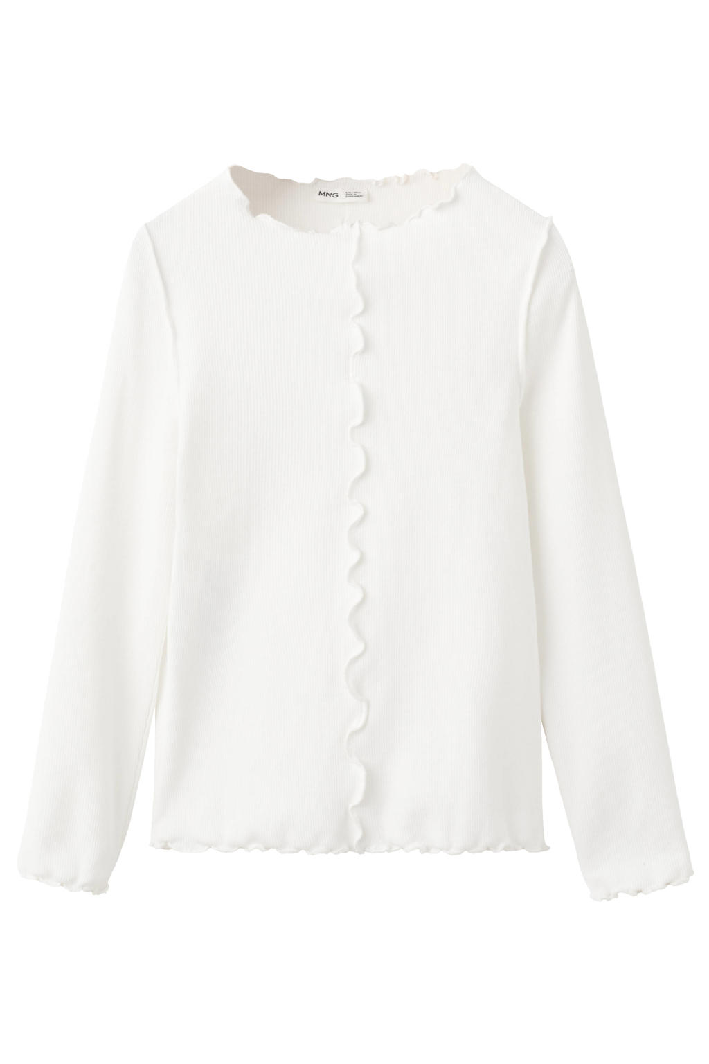Witte meisjes Mango Kids longsleeve van stretchkatoen met effen, lange mouwen, ronde hals en golvende afwerking