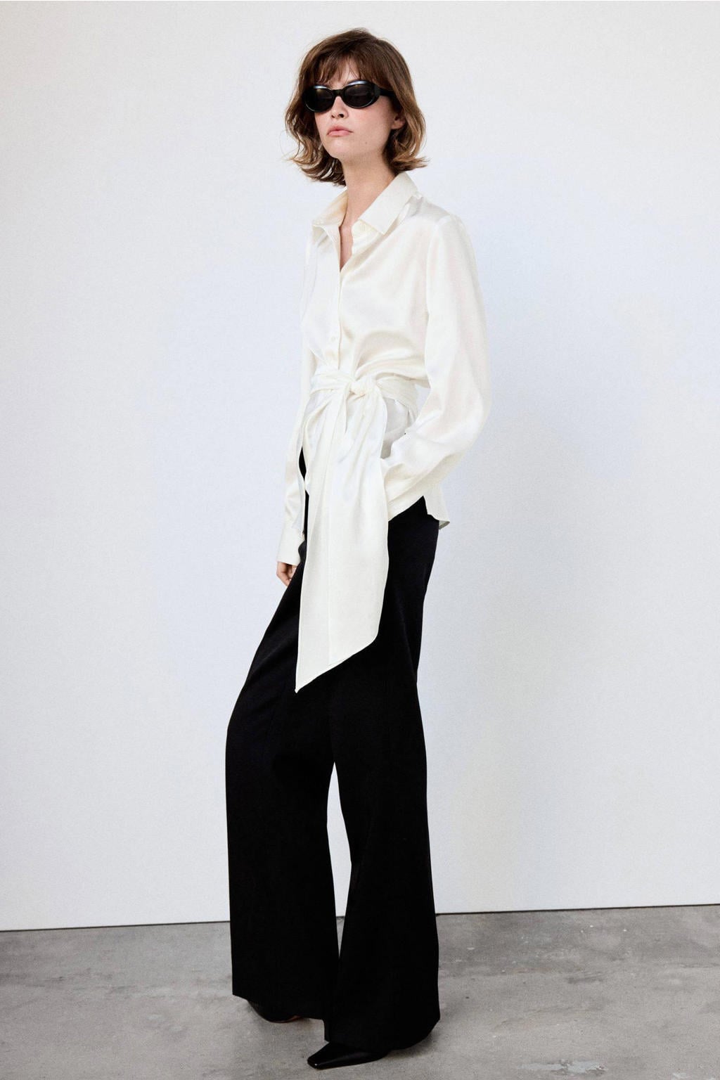 Ecru dames Mango blouse van polyester met effen, lange mouwen, klassieke kraag en knoopsluiting