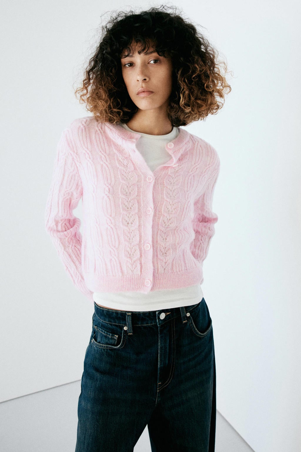 Roze dames Mango gebreid vest van acryl met effen, lange mouwen, ronde hals en knoopsluiting