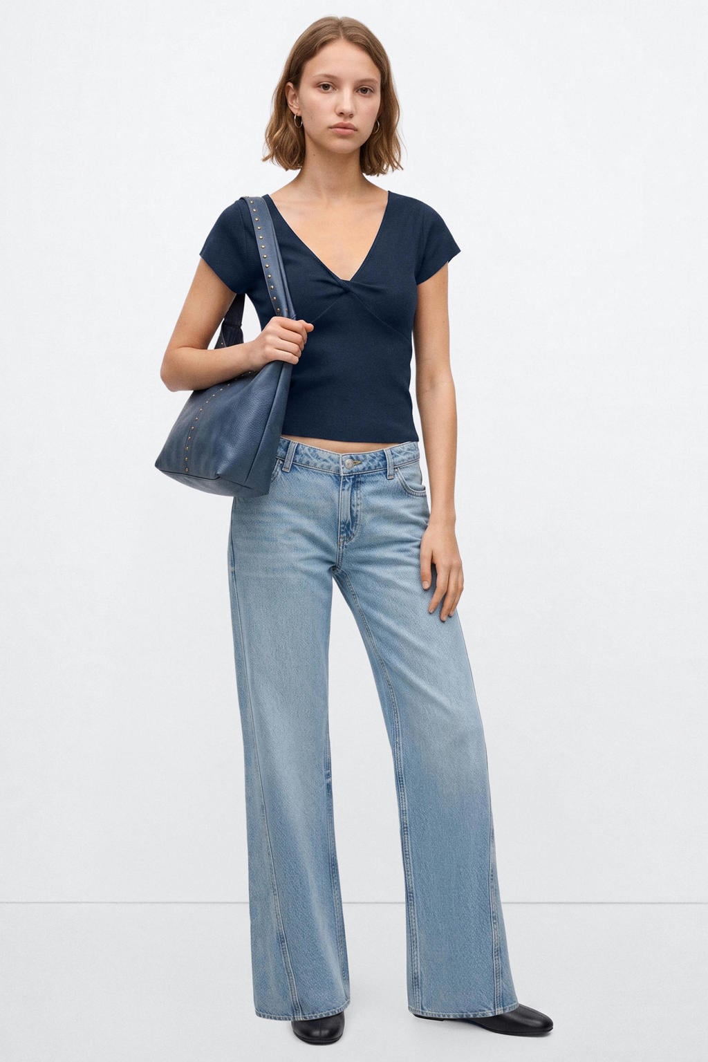 Donkerblauwe meisjes MANGO TEEN gebreide top van viscose met effen, korte mouwen en V-hals