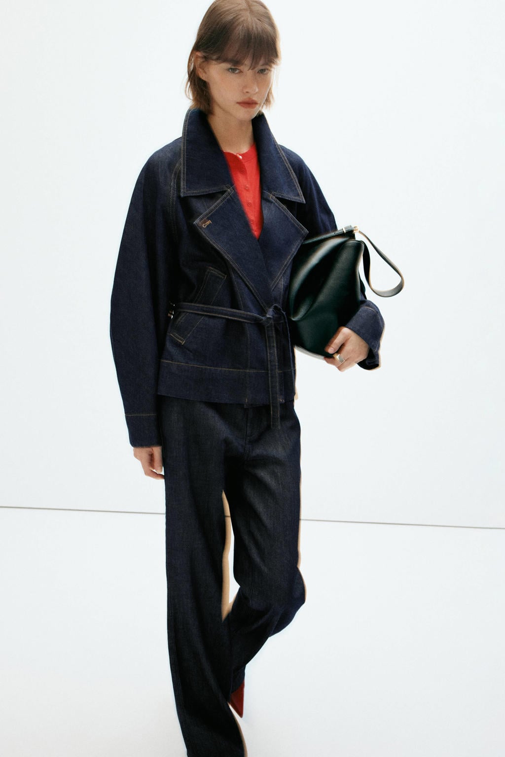 Dark blue denim dames Mango trenchcoat van denim met effen, lange mouwen, reverskraag en ceintuur