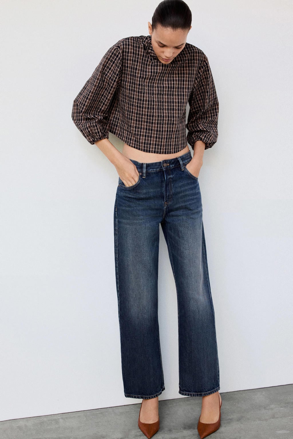 Mango geruite top met strass-steentjes - bruin