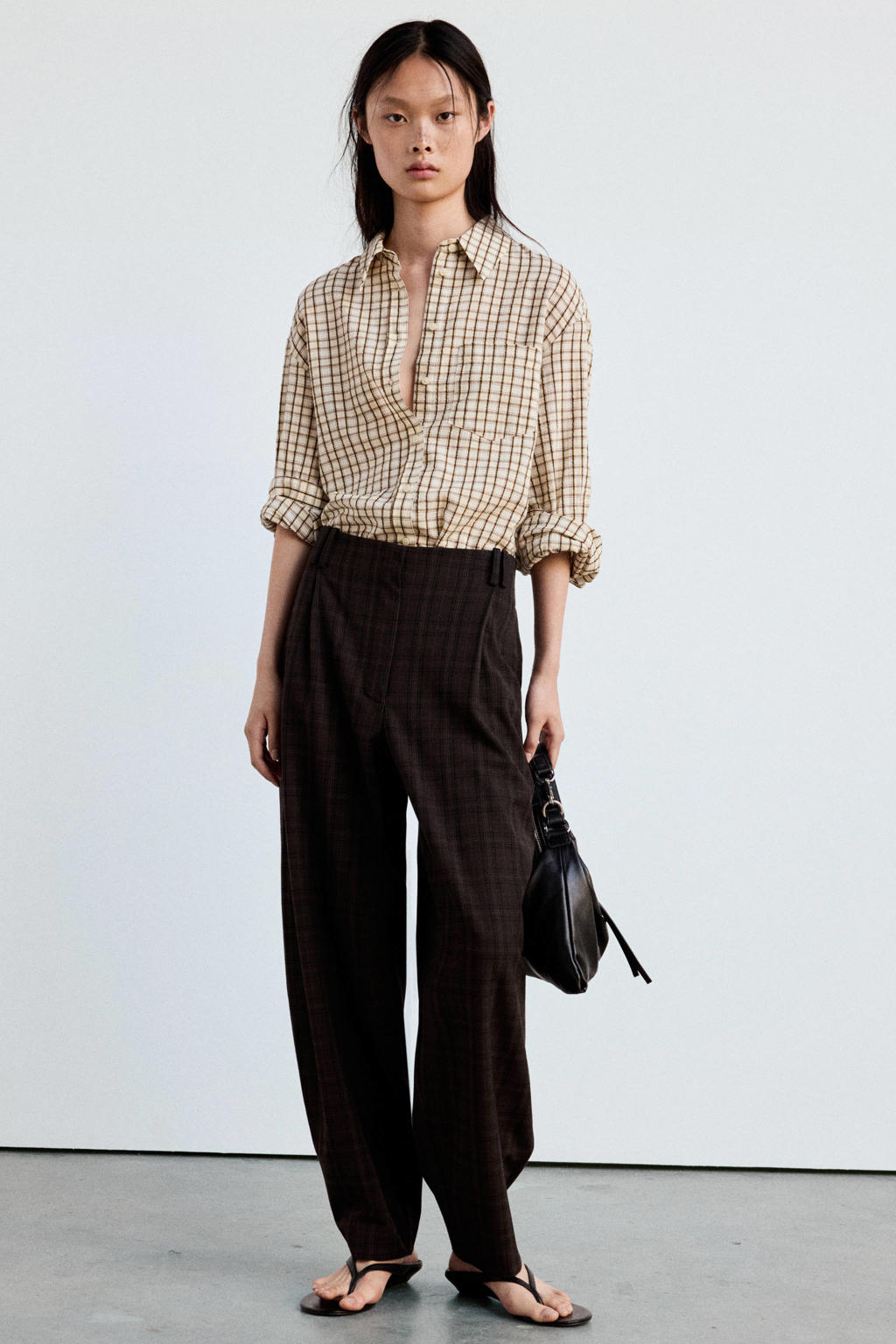 Mango barrel geruite broek - bruin