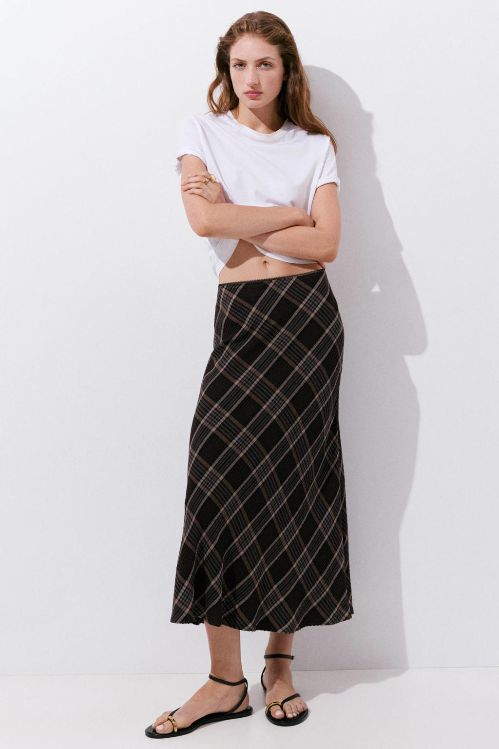 Mango geruite midi rok - bruin