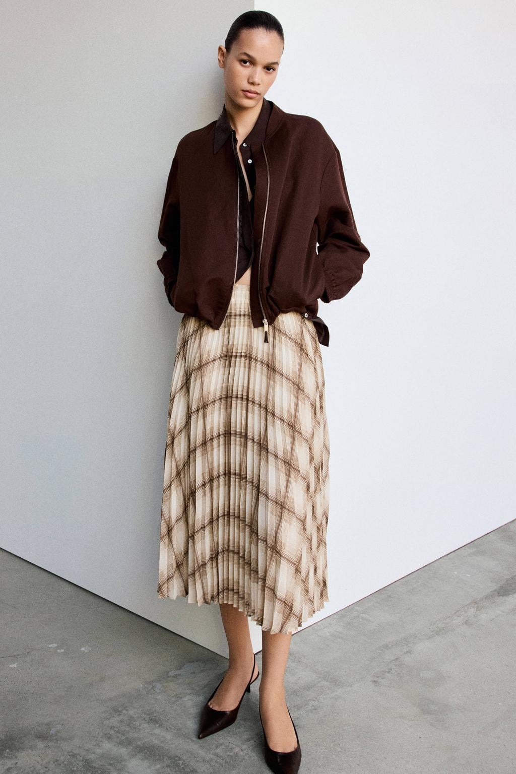 Beige en bruine dames Mango geruite midi rok gemaakt van polyester en met elastische tailleband