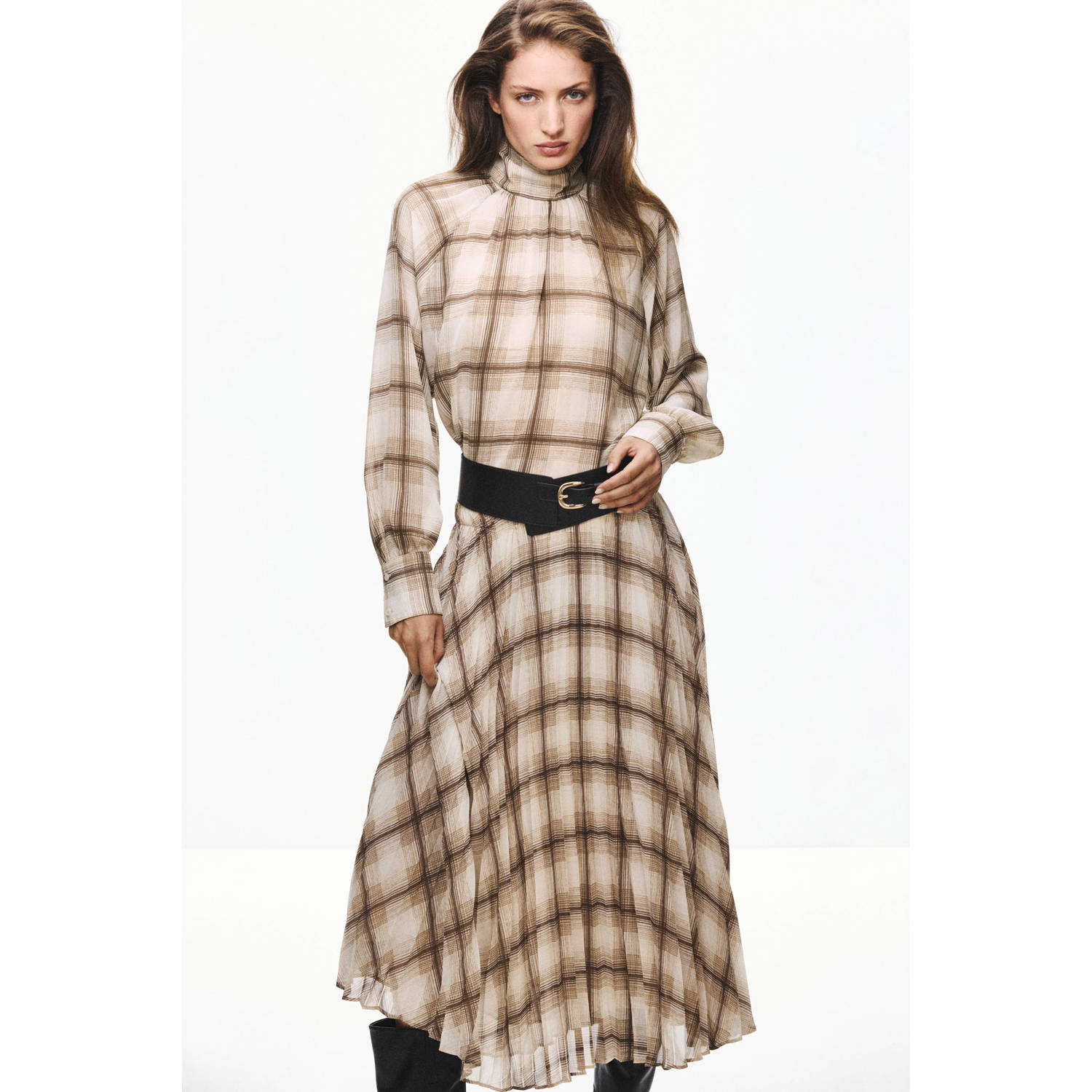 Mango geruite midi rok beige bruin