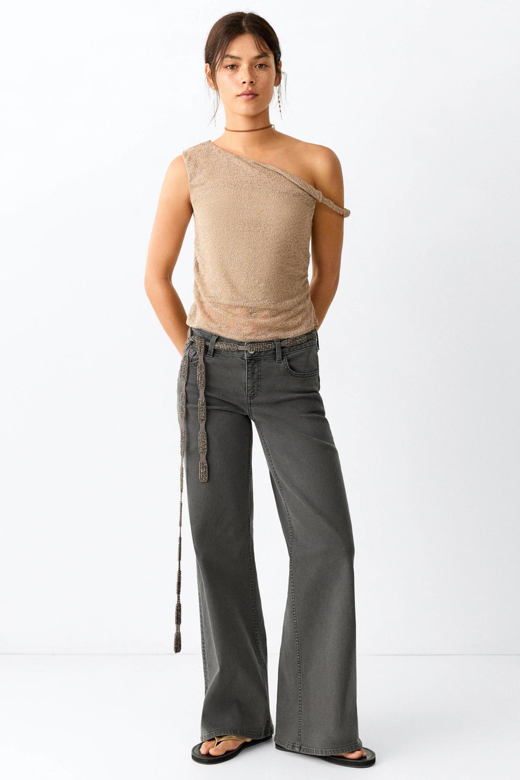 Antraciete meisjes MANGO TEEN wide leg jeans van denim met rits- en knoopsluiting en effen