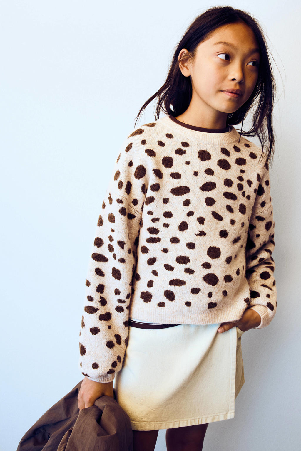 Beige en bruine meisjes Mango Kids gebreide trui en wol met lange mouwen en ronde hals