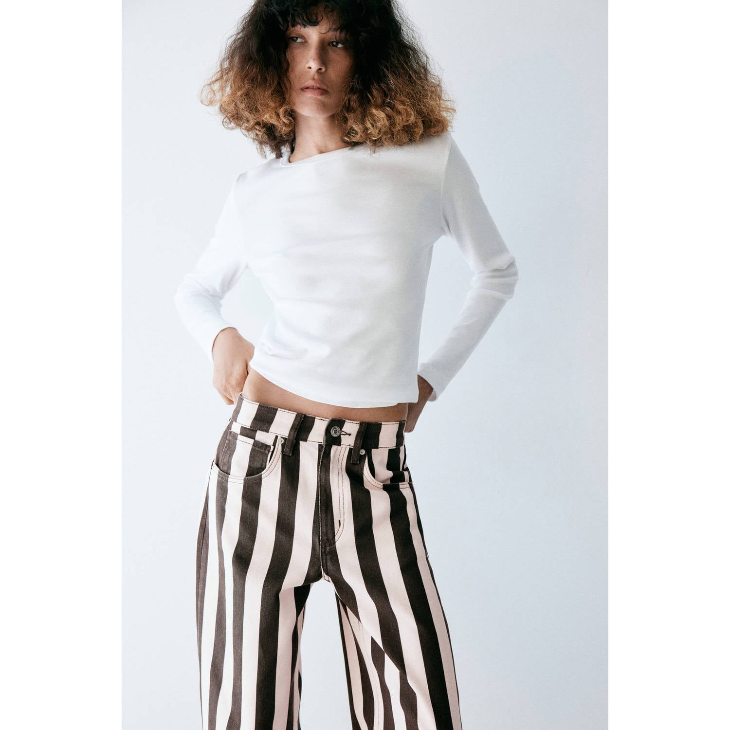 Mango gestreepte barrel jeans bruin roze