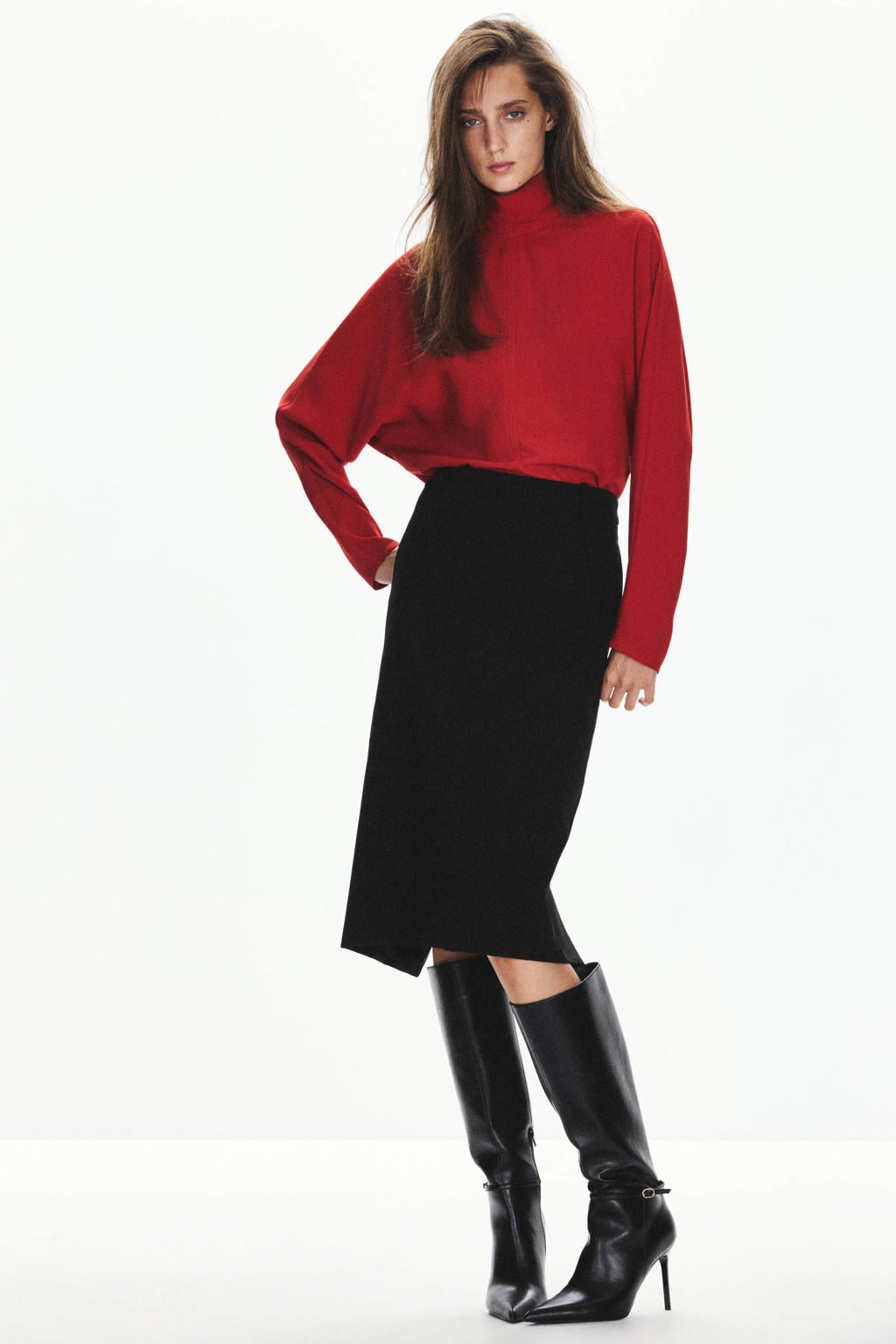 Rode dames Mango top van polyester met effen, lange mouwen en col