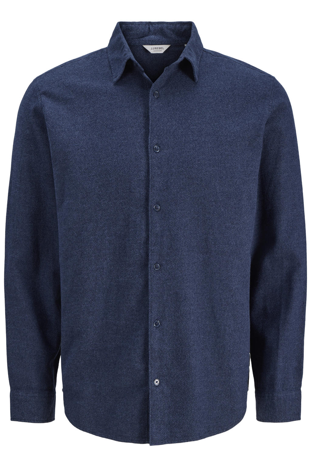 Donkerblauwe heren JJ REBEL regular fit gemêleerd overhemd van katoen met melée print, lange mouwen en klassieke kraag