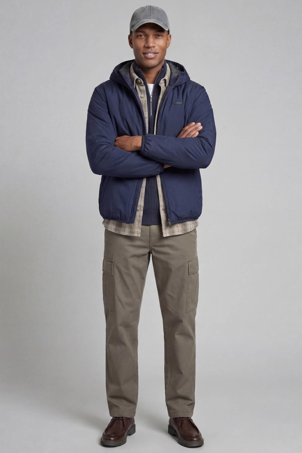 Donkerblauwe heren JJ REBEL tussenjas van polyester met effen, lange mouwen, capuchon, ritssluiting en geweven detail
