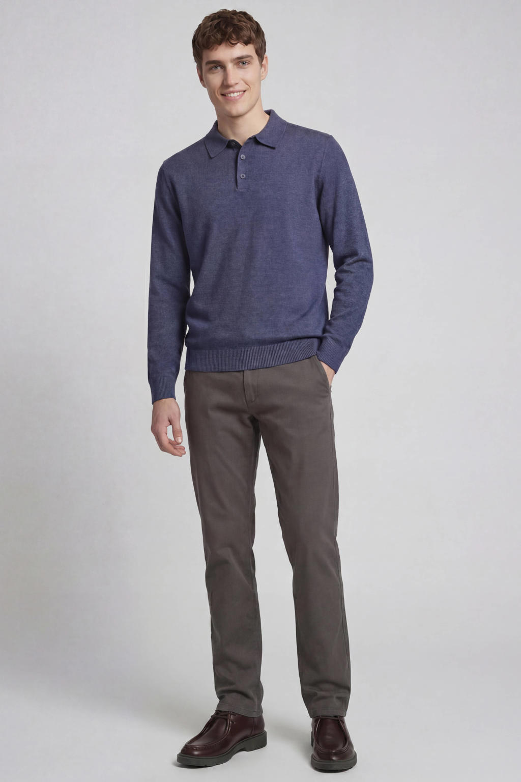 Blauwe heren JJ REBEL regular fit gebreide trui van katoen met effen, lange mouwen en polo kraag