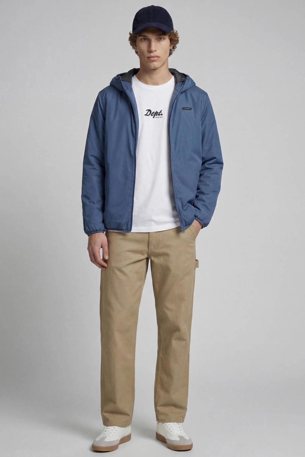 Blauwe heren JJ REBEL tussenjas indigo van polyester met effen, lange mouwen, capuchon en geweven detail