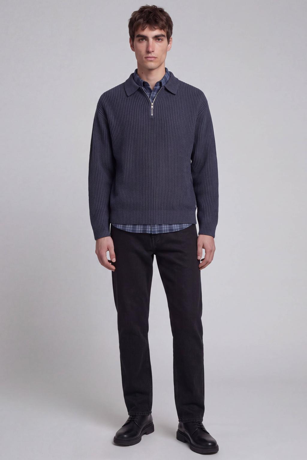 Donkerblauwe heren JJ REBEL relaxed fit gebreide trui van acryl met effen, lange mouwen en polo kraag