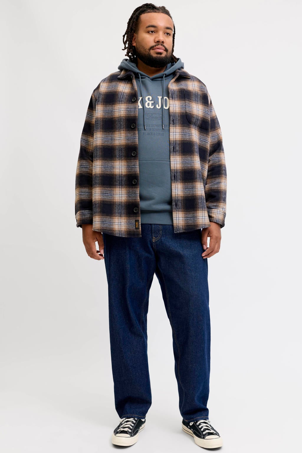 Donkerblauwe heren JACK & JONES PLUS SIZE regular fit geruit overshirt van polyester met lange mouwen, klassieke kraag en geweven detail
