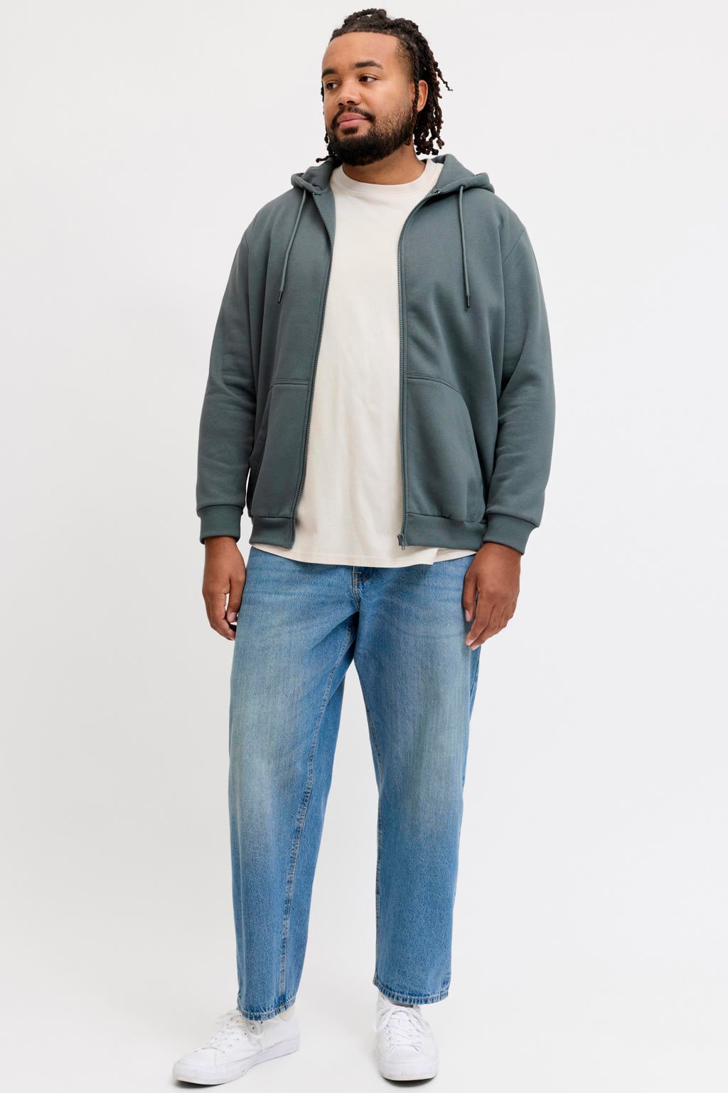Grijsblauwe heren JACK & JONES PLUS SIZE sweatvest met effen, lange mouwen, capuchon, ritssluiting en geribde boorden